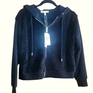 Workshop Republic Black Sherpa Faux Fur Zip Front Hooded Jacket Med